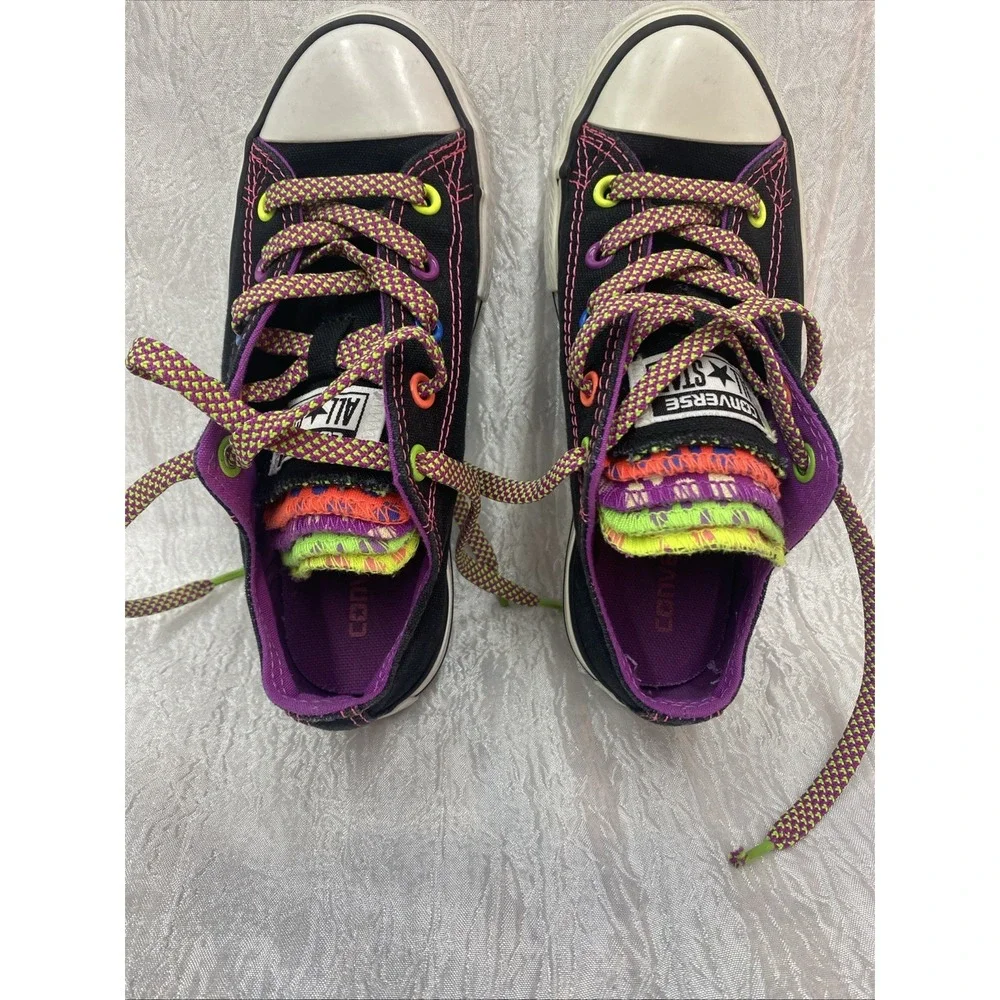 Converse All Star Neon Stitch Rainbow Tongue Black Canvas Sneaker Junior Size 1